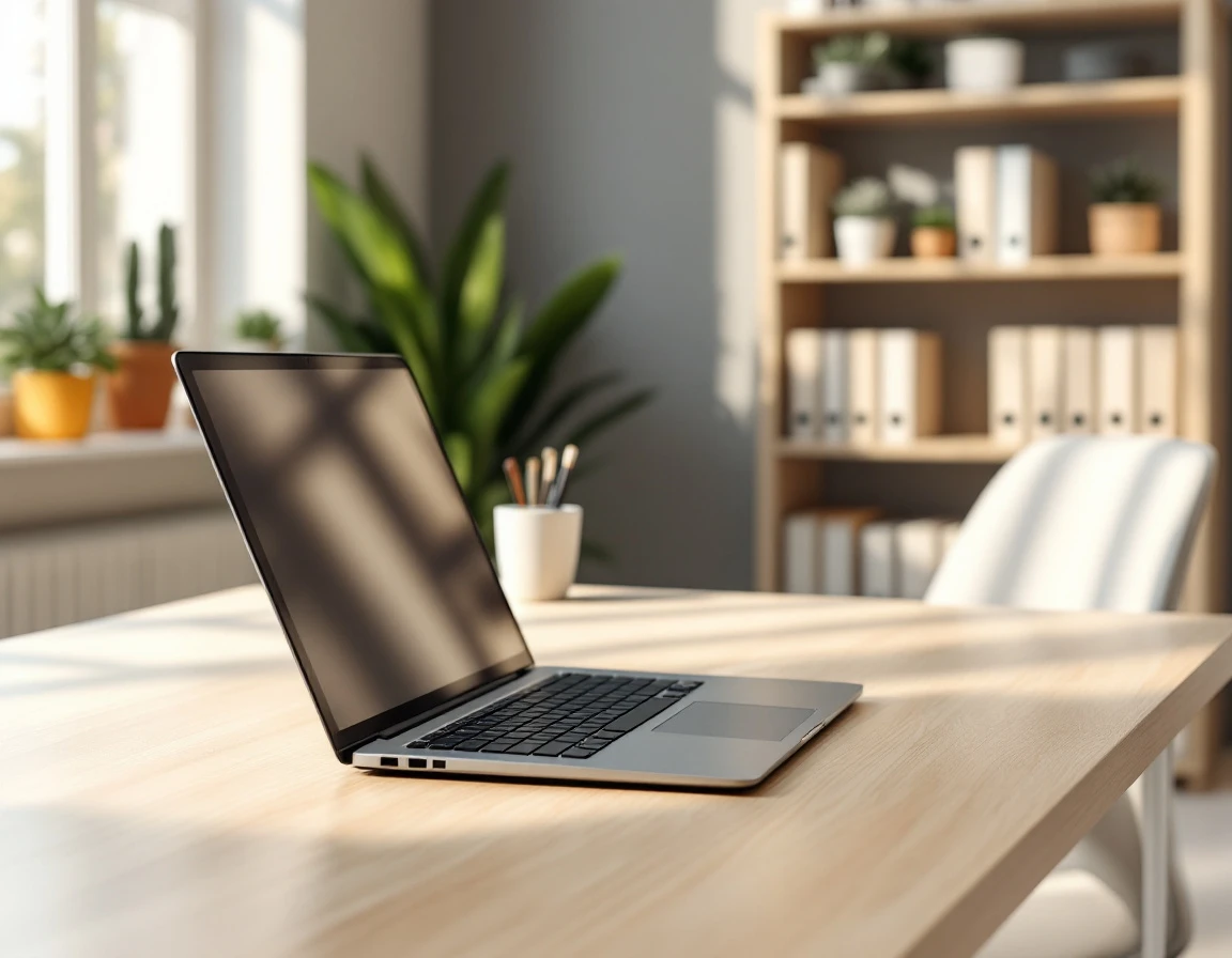 Clean modern workspace with closed laptop and organized desk setup in natural afternoon light