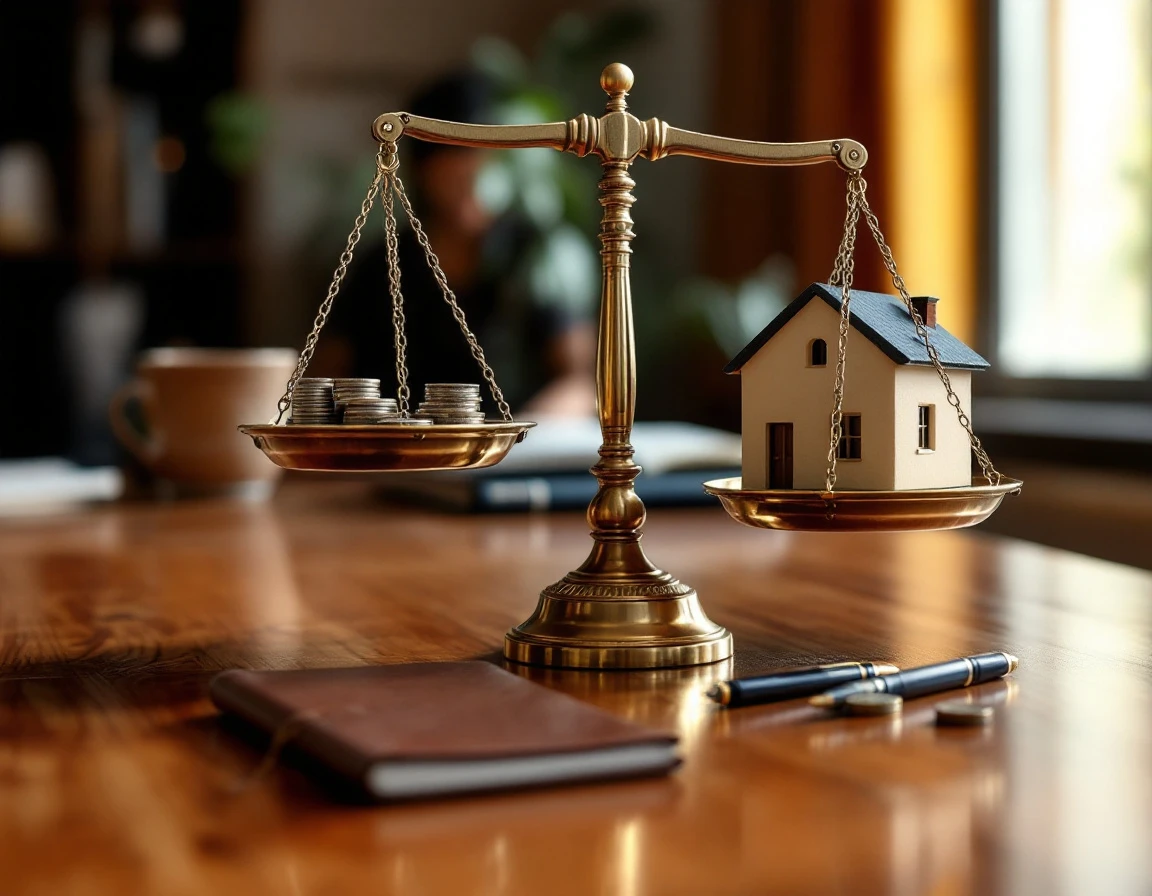 Brass balance scale weighing coins against miniature house model on wooden desk