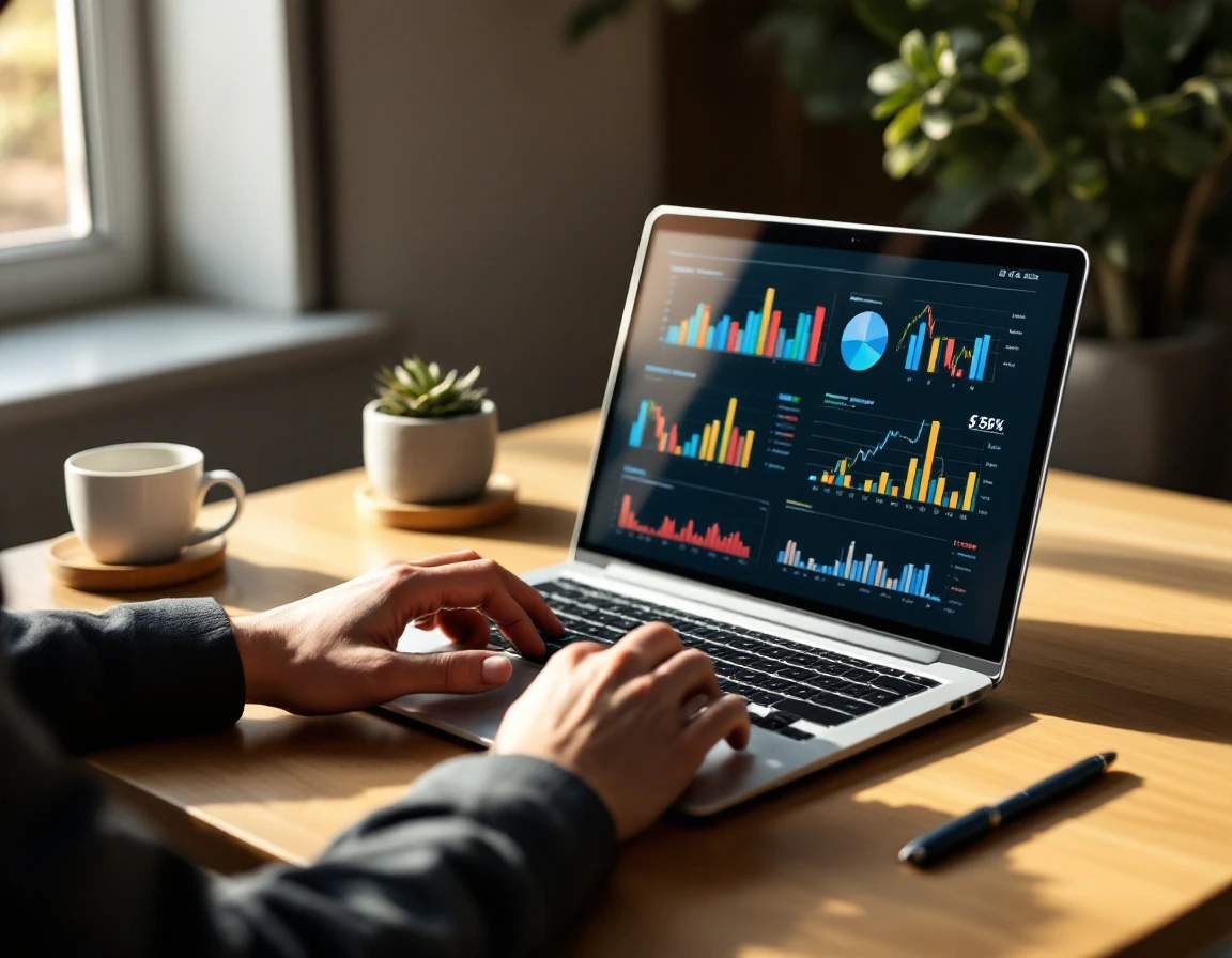 Financial professional working at laptop displaying charts in clean, organized workspace