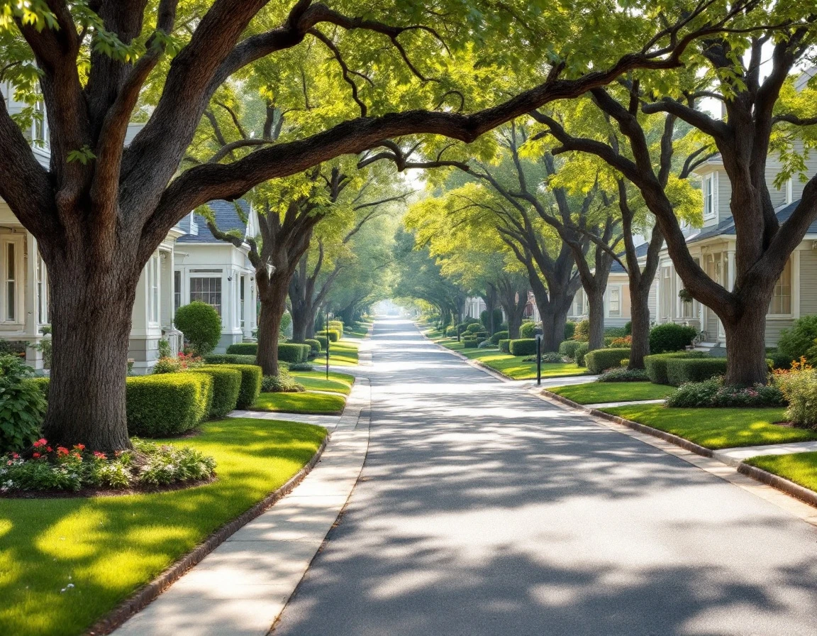 Tree-lined residential street with well-maintained homes showcasing authentic neighborhood character