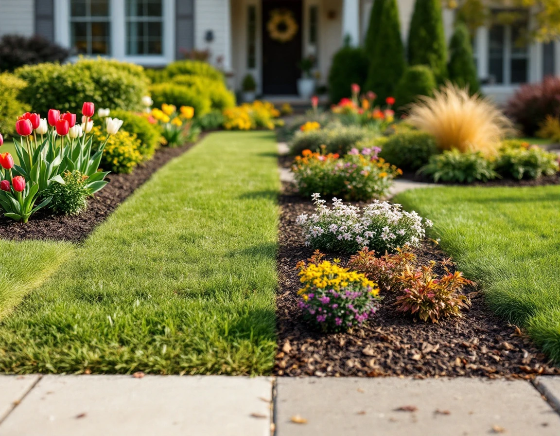 Residential landscape showing four seasons of professional yard maintenance from spring blooms through winter evergreens