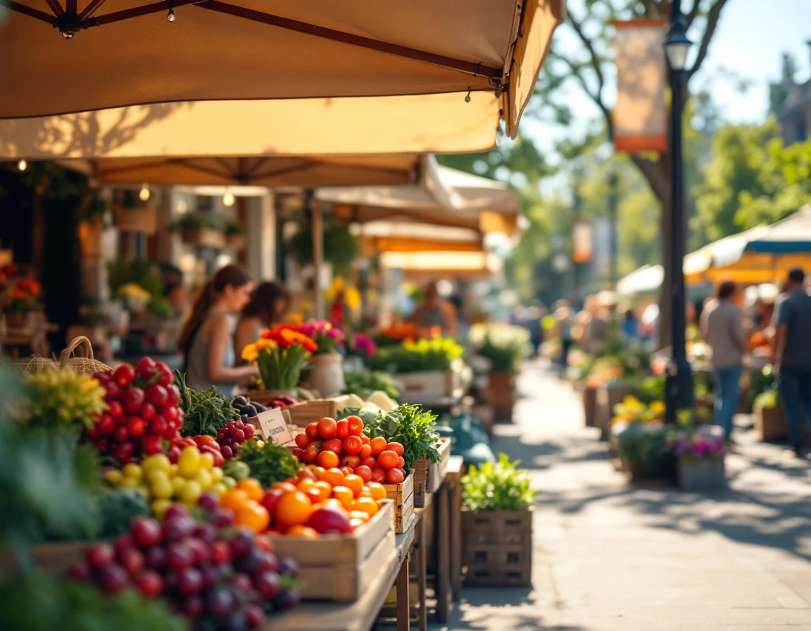 Bustling neighborhood farmers market with fresh produce displays and community members gathering on a sunny morning