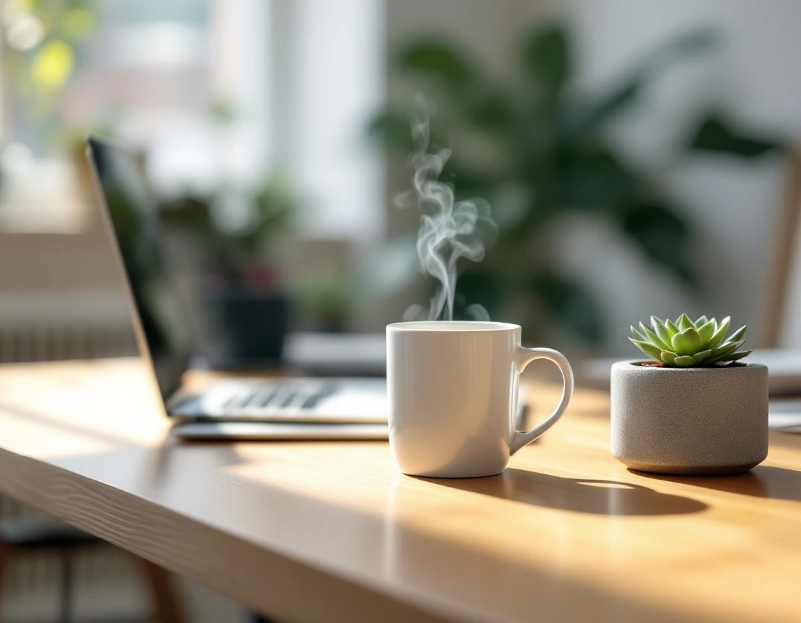Clean workspace with laptop and coffee showing content strategy analytics environment