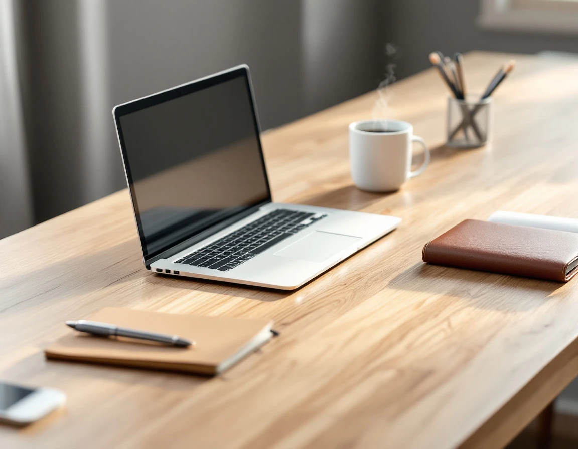 Minimalist desk workspace with closed laptop, coffee mug, and notebook for content strategy planning