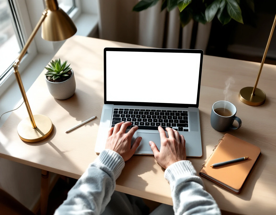 Clean minimalist desk workspace with laptop, coffee, and organized tools for content creation