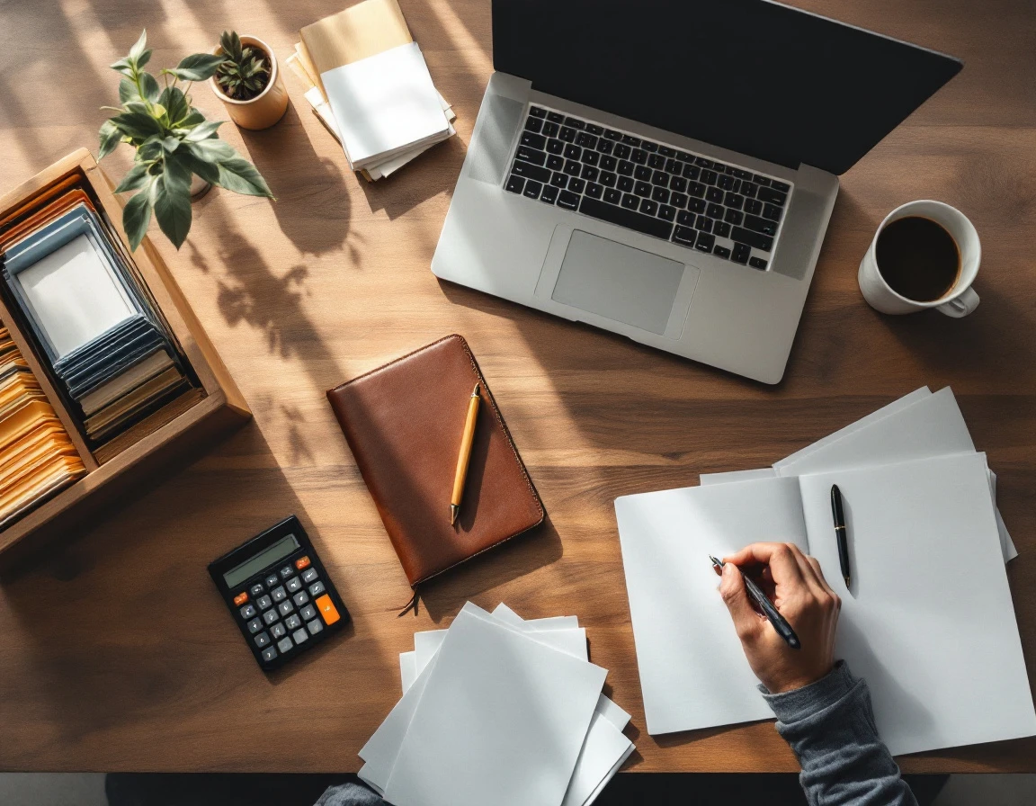Office workspace with laptop, calculator, and business planning materials on wooden desk surface