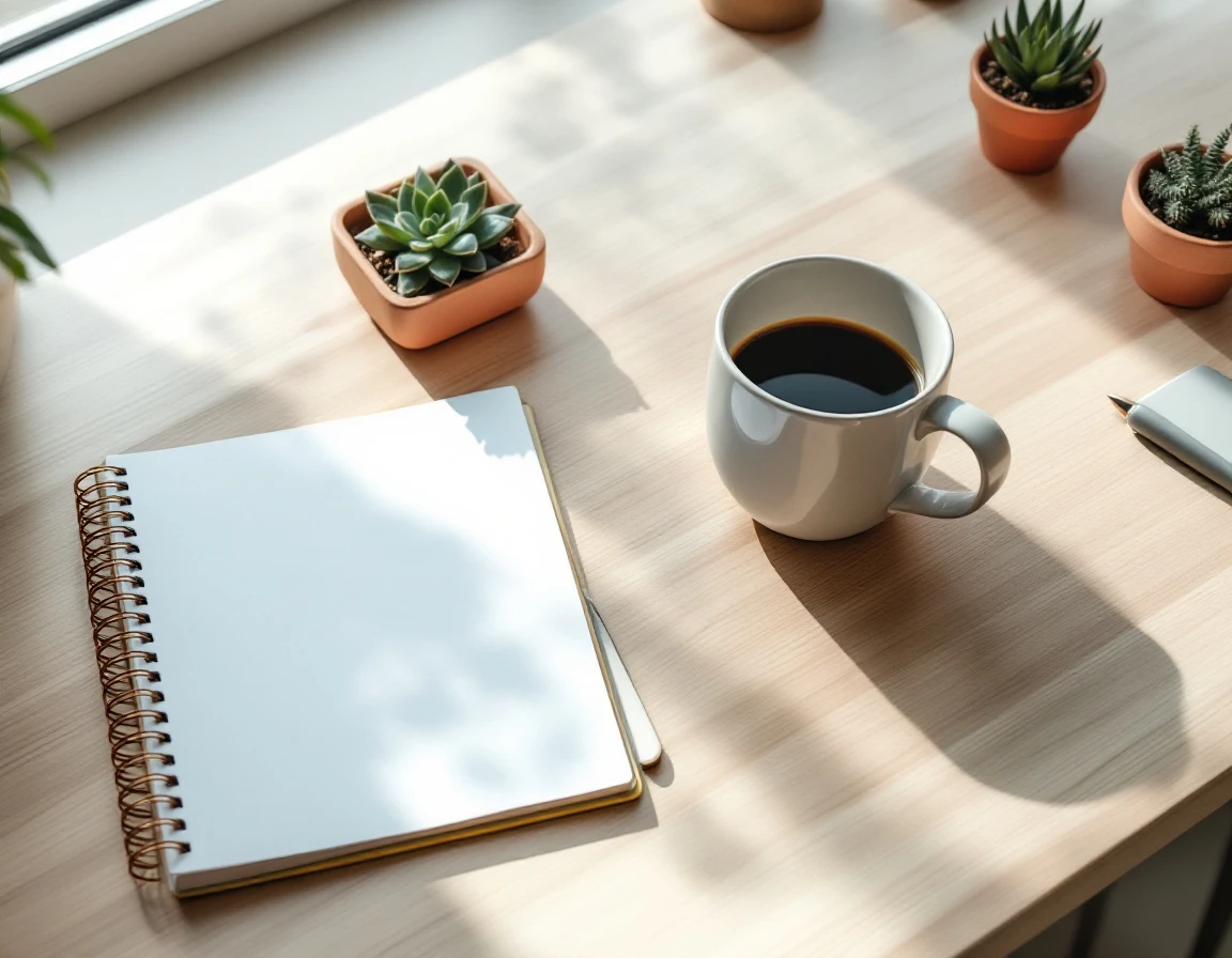 Organized desk workspace with coffee, succulents, and closed notebook for content planning