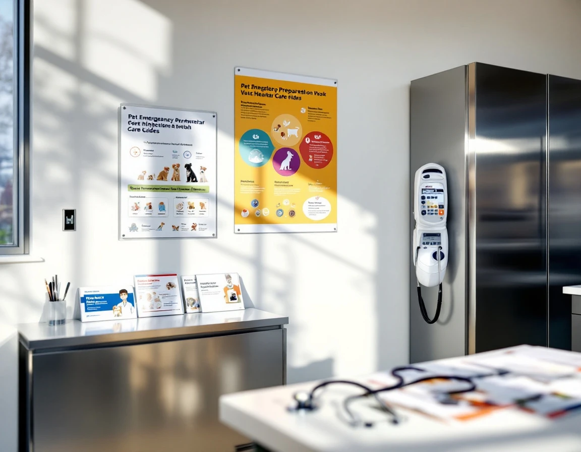 Veterinary clinic exam room with educational health posters and pet care brochures on display