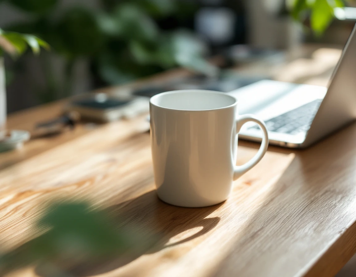 Natural wood desk workspace with laptop and coffee mug in soft window light