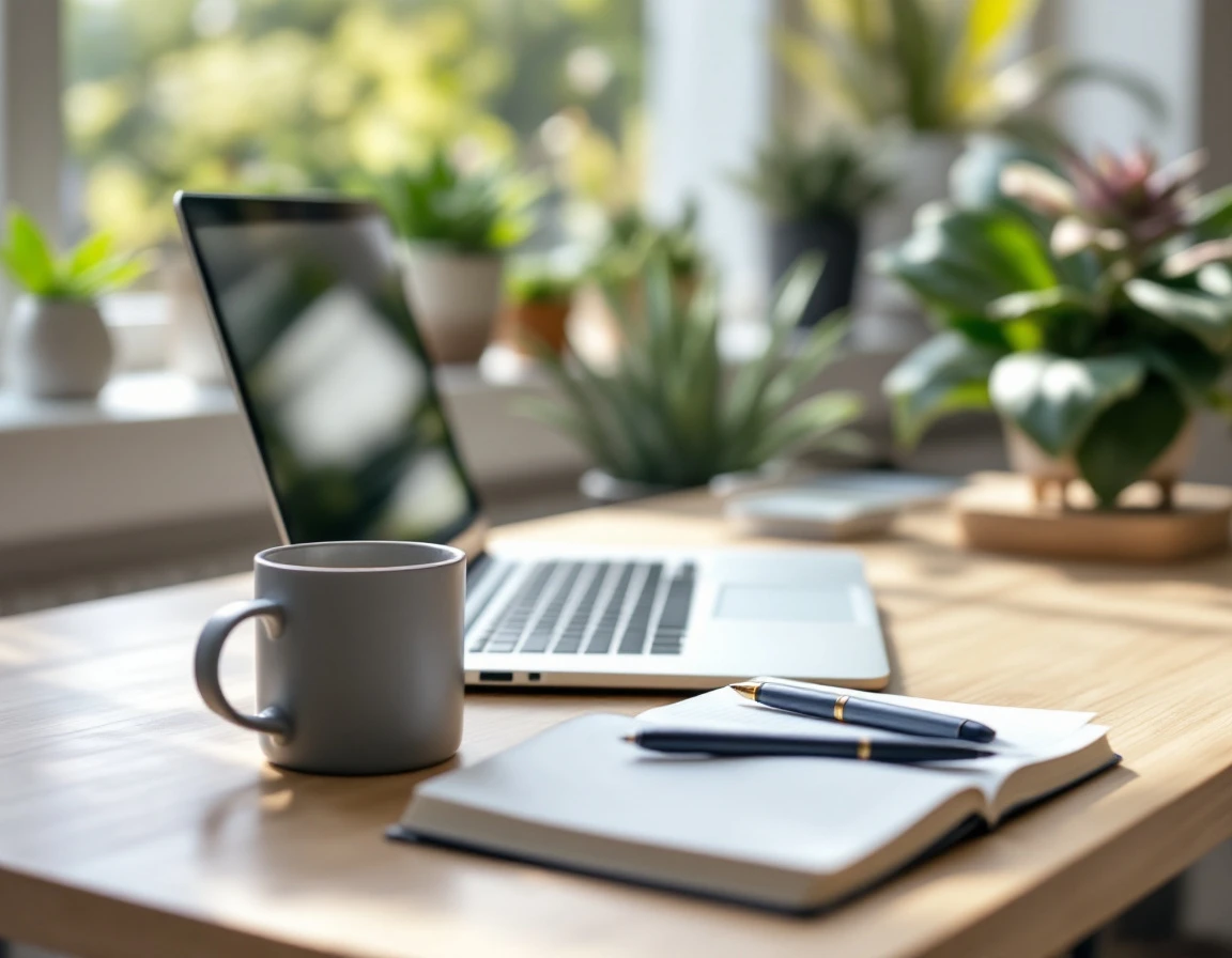 Modern workspace with laptop, coffee, and notebook in natural morning light suggesting digital productivity