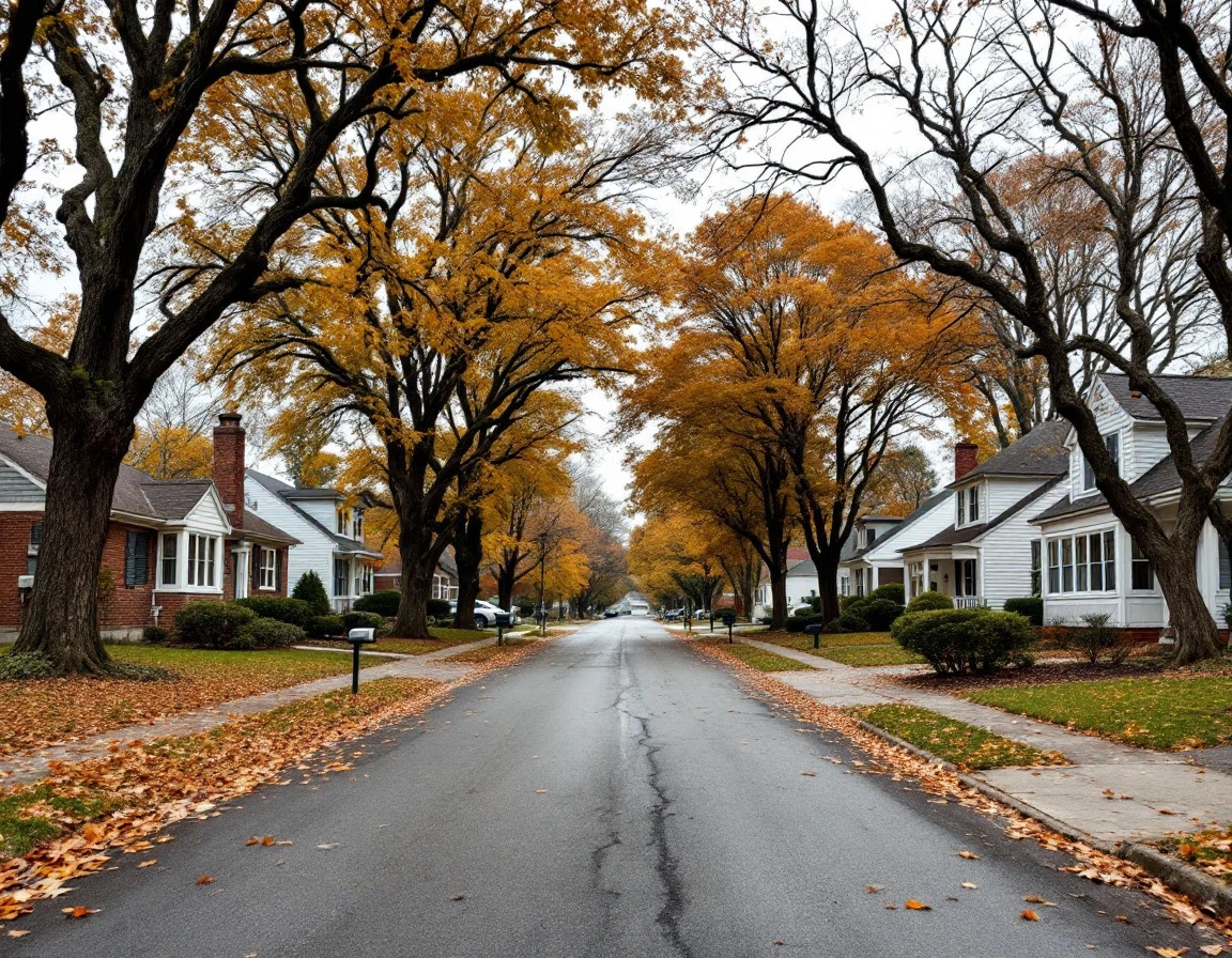 Tree-lined residential street with autumn foliage and varied home styles in established American neighborhood