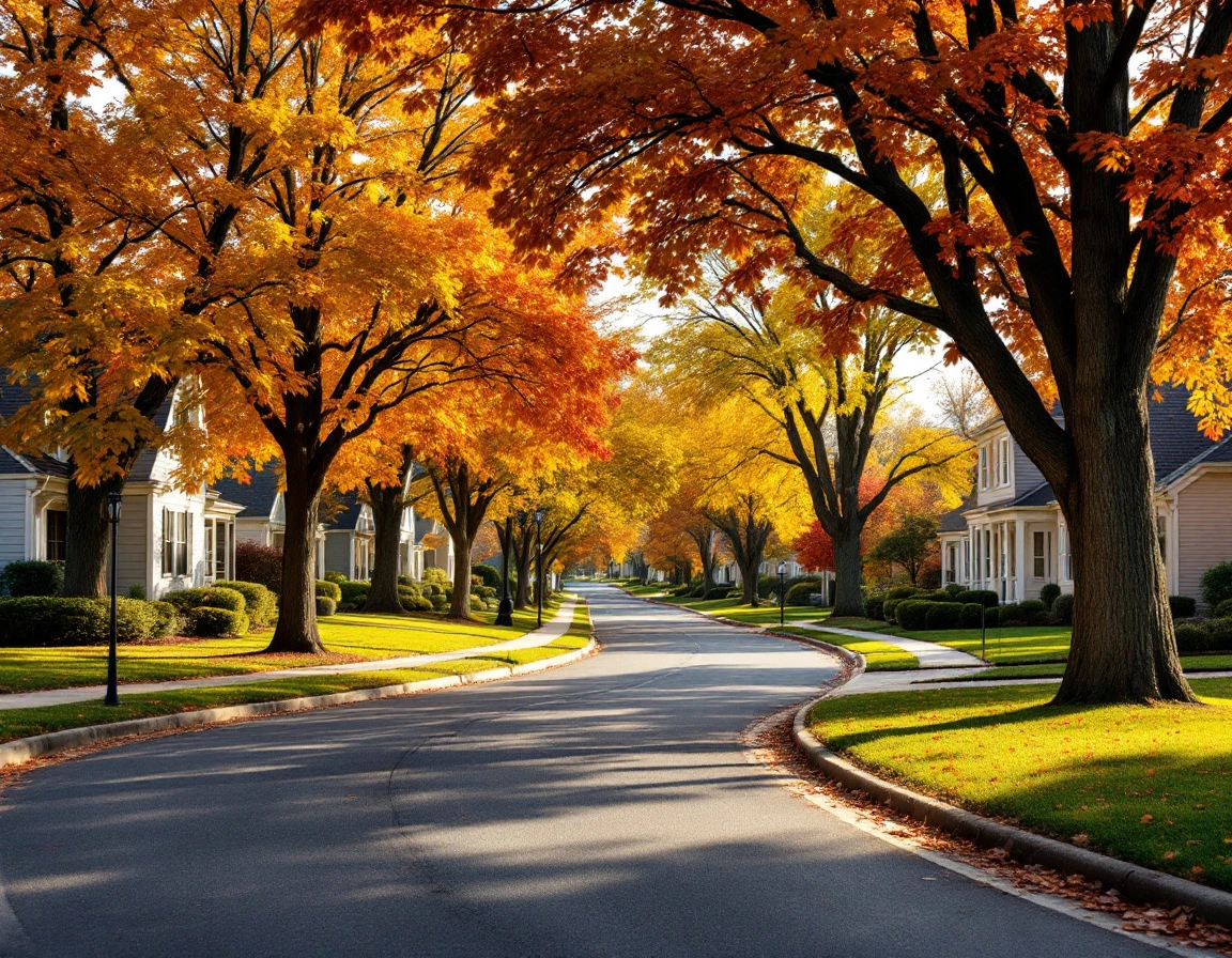 Quiet suburban street lined with autumn trees and traditional homes in natural afternoon light