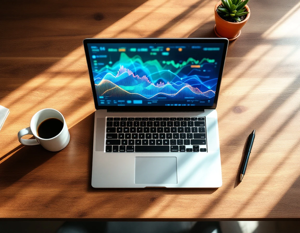 Overhead view of laptop displaying colorful analytics visualizations on wooden desk with coffee and succulent