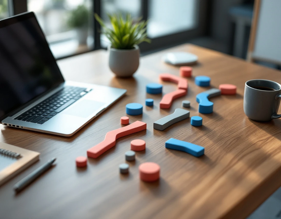 Business workspace with colored blocks arranged in decision pathway patterns on wooden desk with laptop and coffee