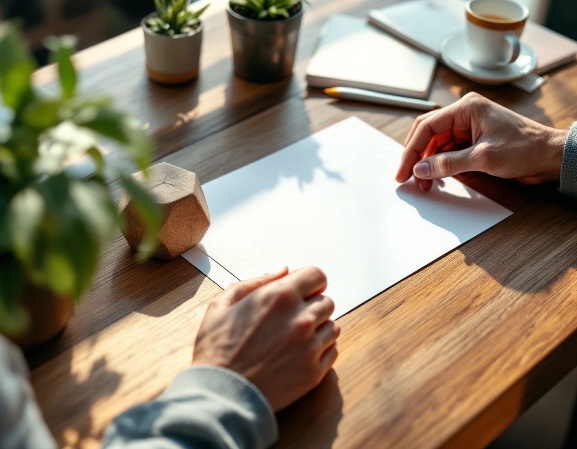 Hands positioned over blank paper on wooden desk in natural planning pose