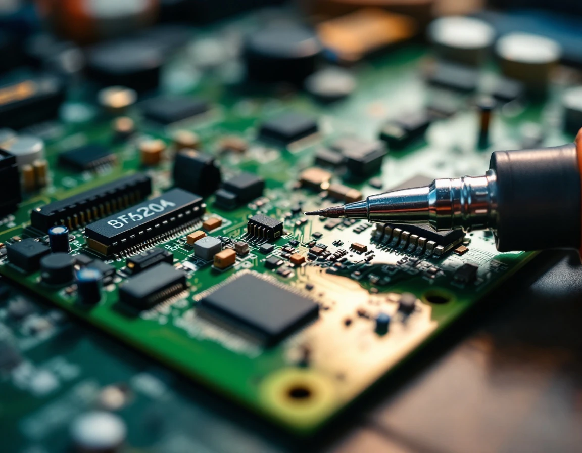 Electronics workbench with soldering equipment and circuit boards showing quality testing processes