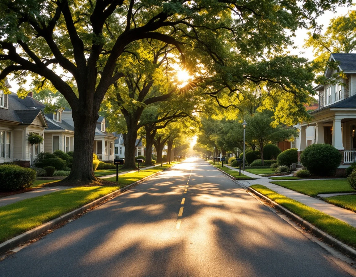 Tree-lined residential street with varied home styles and mature landscaping in an established neighborhood