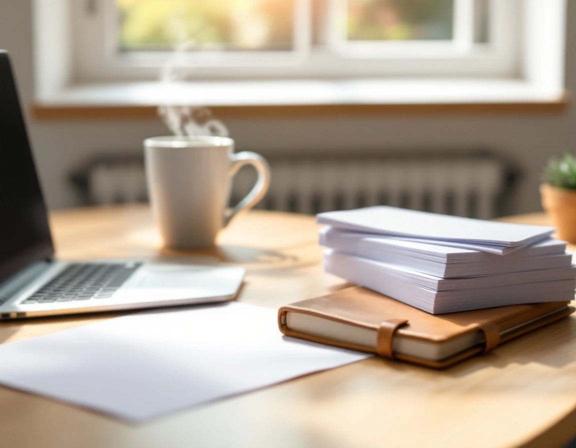Professional workspace with laptop, coffee, and blank papers on wooden desk with natural sunlight