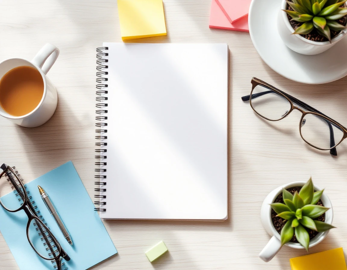 Overhead view of workspace with closed notebook, coffee, glasses, and colorful sticky notes on wooden desk
