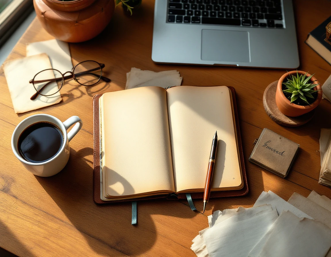 Wooden writing desk with coffee, journal, pen and succulent plant in morning light