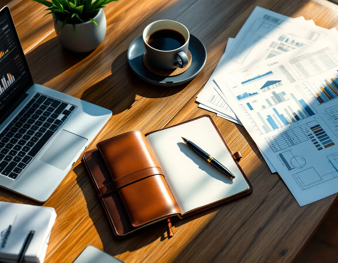 Executive desk with notebook, laptop, and strategic planning materials in natural morning light