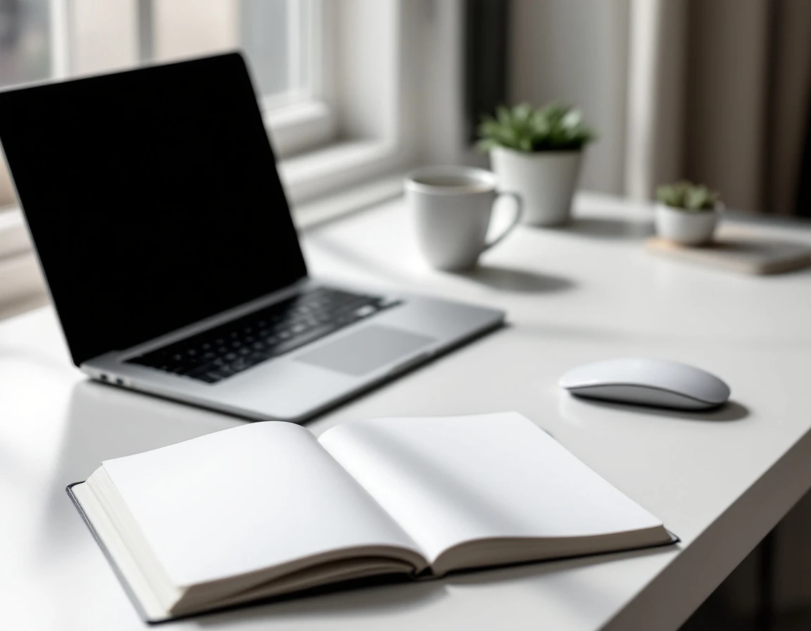 Minimalist SEO workspace with laptop, notebook, and plants on clean white desk