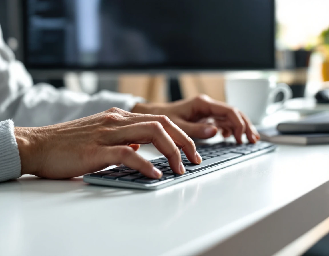 Hands typing on keyboard in professional workspace with coffee cup and blurred monitor background