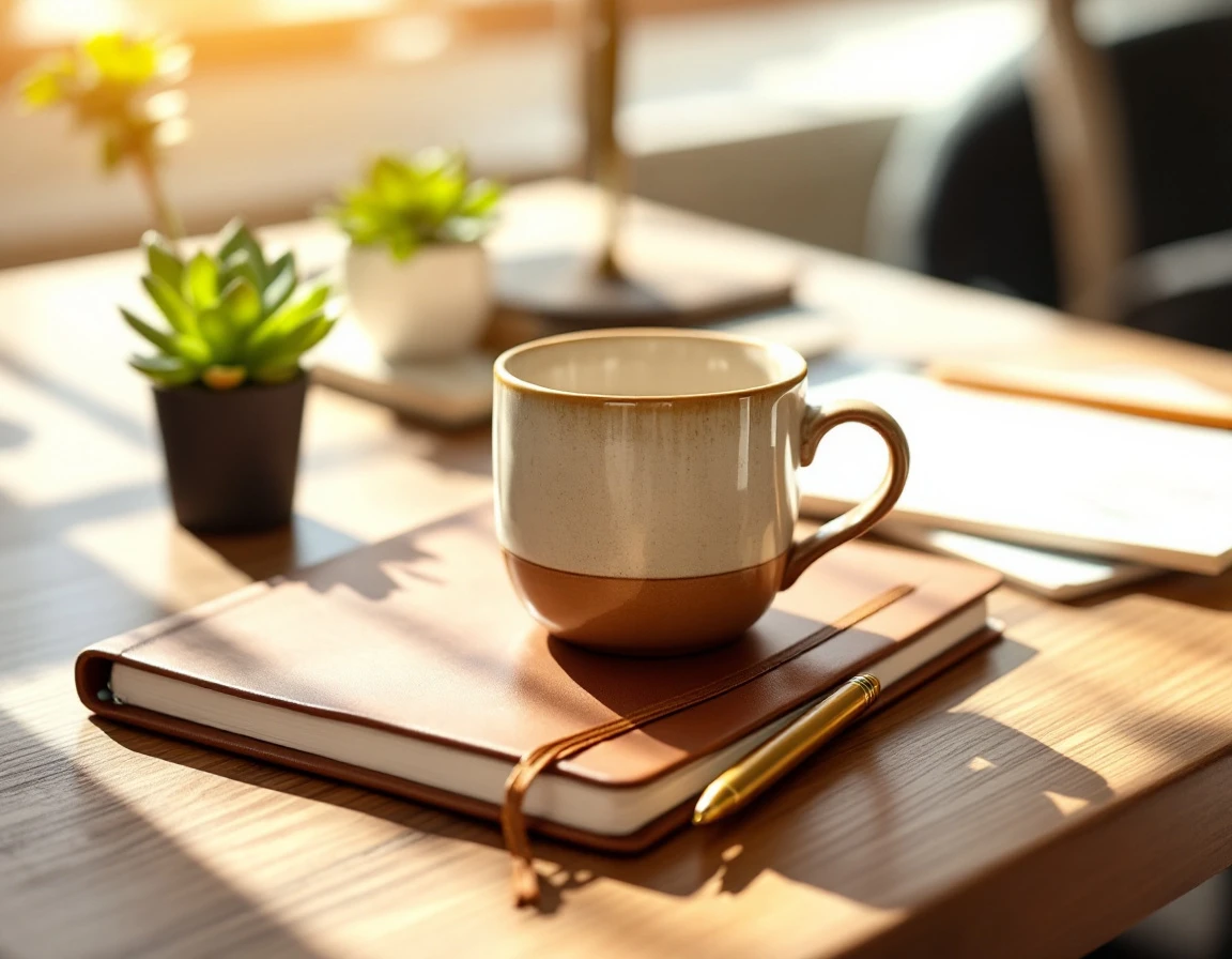 Clean workspace with coffee mug, notebook, succulent plant, and pen on wooden desk in natural sunlight