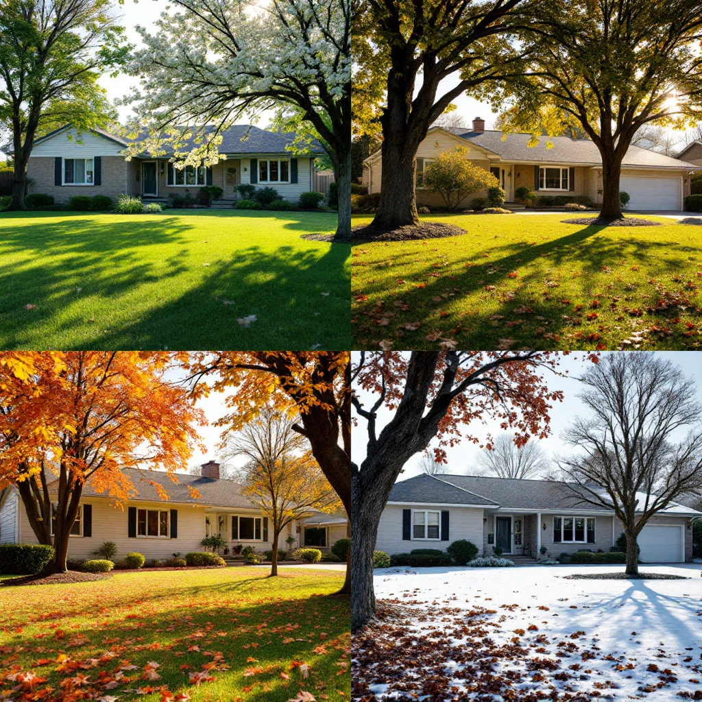 Same residential property photographed in spring, summer, fall, and winter showing seasonal landscape changes