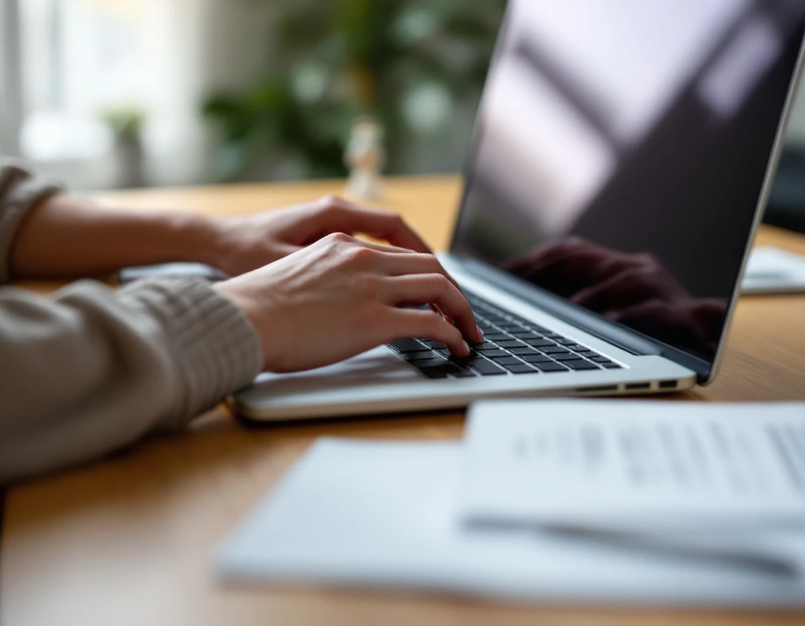 Woman typing on laptop at wooden desk with natural window lighting and minimal workspace setup