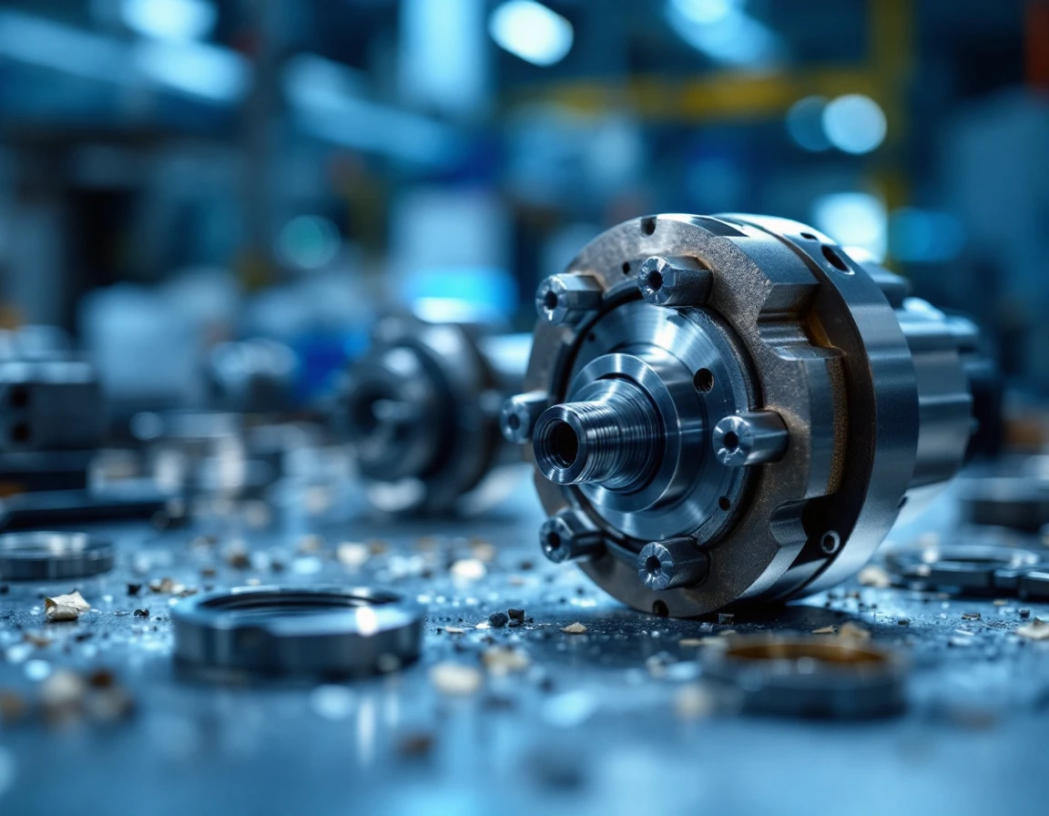 Precision machined metal components on industrial workbench with measuring tools in manufacturing facility