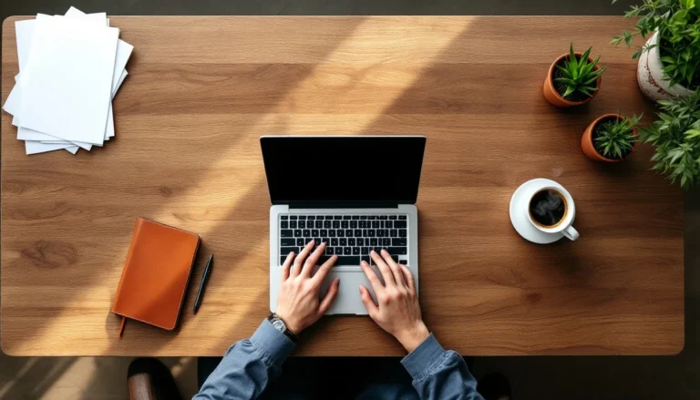 Clean modern desk workspace with closed laptop, blank papers, coffee cup, and succulents in natural light