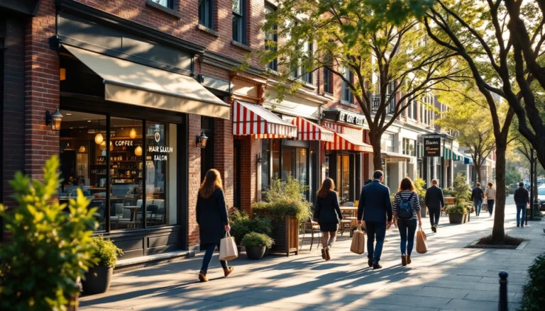 Local service business storefronts along a tree-lined neighborhood street with outdoor seating and pedestrian activity