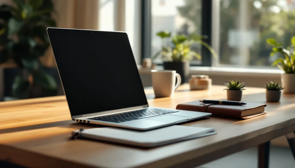 Professional workspace with laptop, coffee, and plants illustrating modern SEO and content strategy workflow