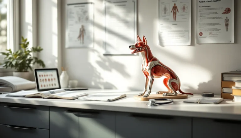Veterinary anatomical models and educational materials on clinic examination room desk