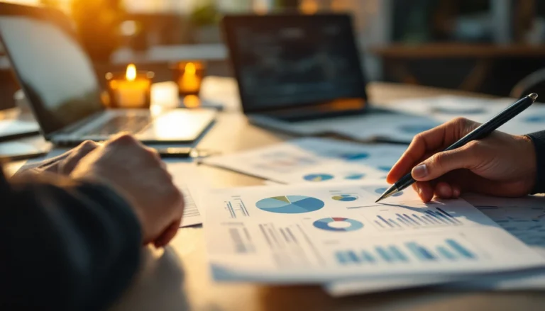 Hands reviewing blurred business analytics reports on wooden desk with laptop and warm office lighting