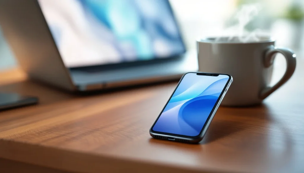 Smartphone on wooden desk beside laptop and coffee mug in modern workspace setup