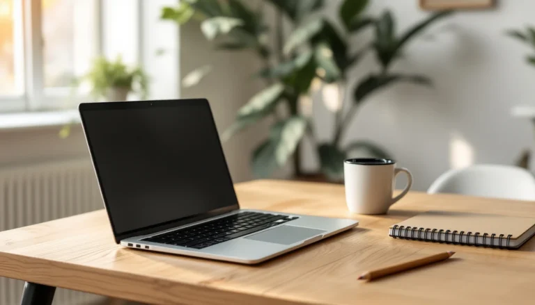 Modern laptop workspace setup with natural lighting and minimalist desk arrangement for digital content optimization