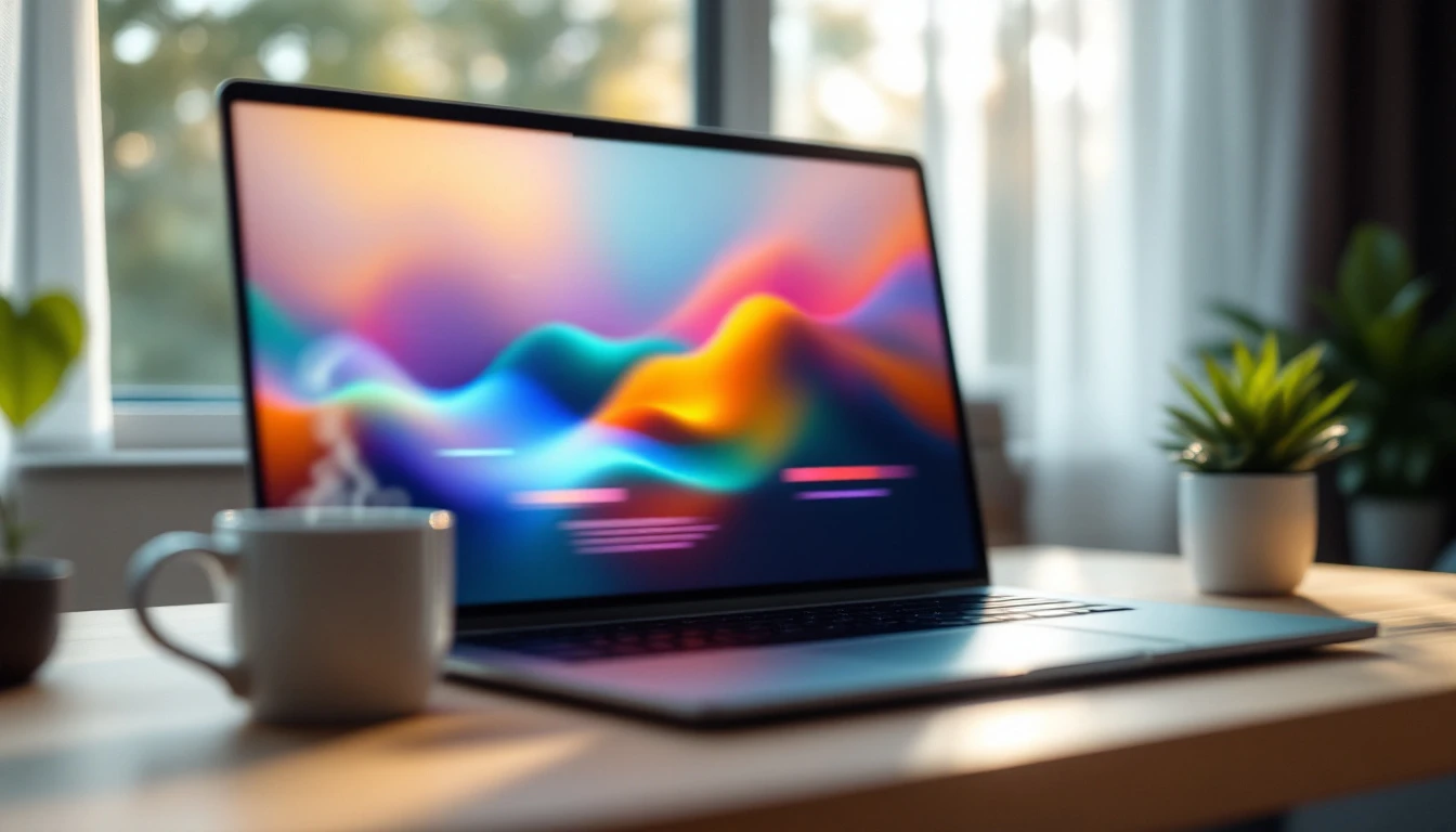 Workspace with laptop displaying abstract analytics visualizations in soft morning light