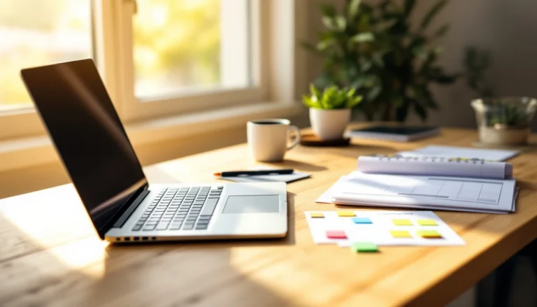 Organized desk workspace with laptop and content calendar showing strategic publishing workflow