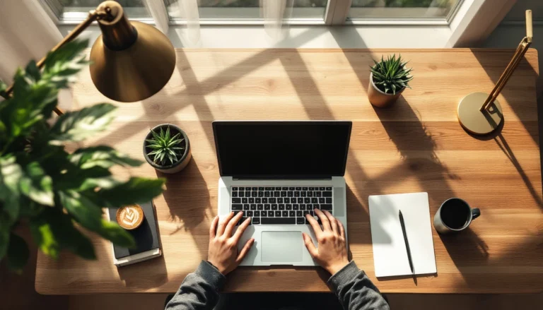 Overhead view of minimalist desk workspace with laptop and coffee suggesting SEO workflow