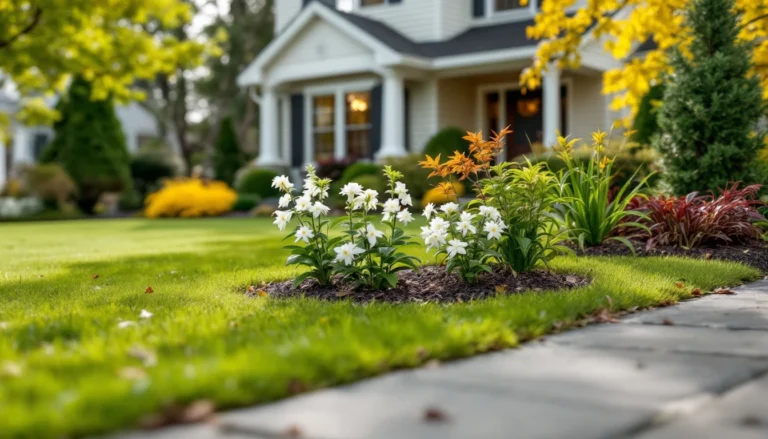 Suburban home with transitional landscaping showing mixed spring blooms and dormant plants from previous season
