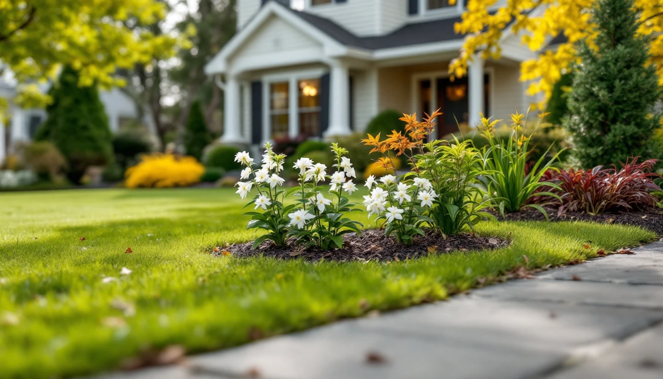 Suburban home with transitional landscaping showing mixed spring blooms and dormant plants from previous season