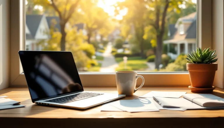 Real estate agent workspace with laptop, coffee, and neighborhood view through window