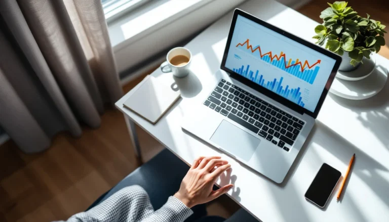 Laptop displaying analytics graphs and rising trend lines on a minimalist desk workspace