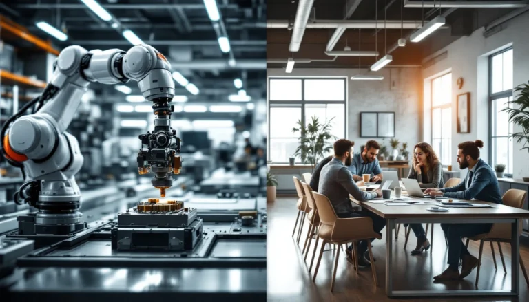 Split view comparing industrial automation equipment with collaborative team workspace