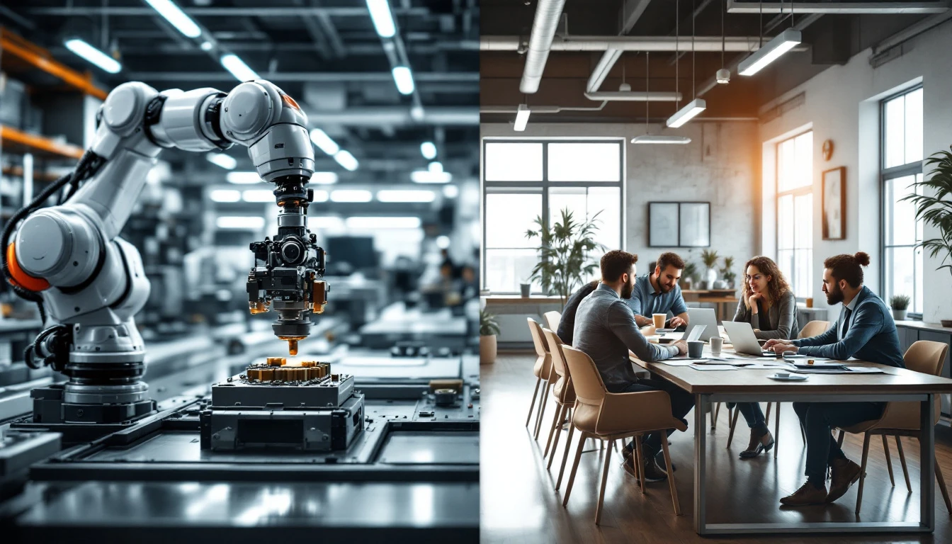 Split view comparing industrial automation equipment with collaborative team workspace
