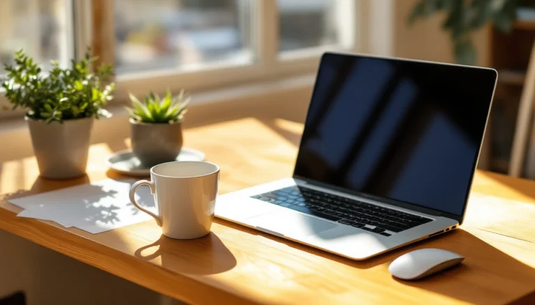 Clean wooden desk workspace with laptop, coffee, and plant in natural morning sunlight