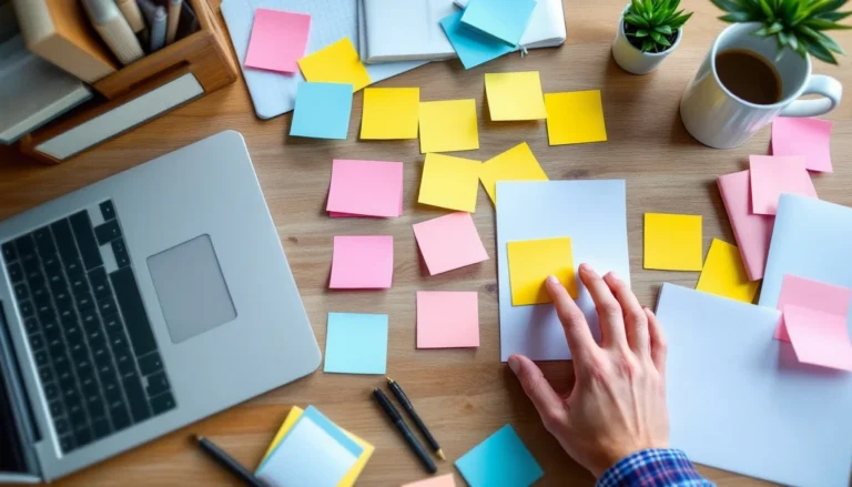 Overhead view of workspace with laptop, blank sticky notes, and planning materials arranged for content strategy