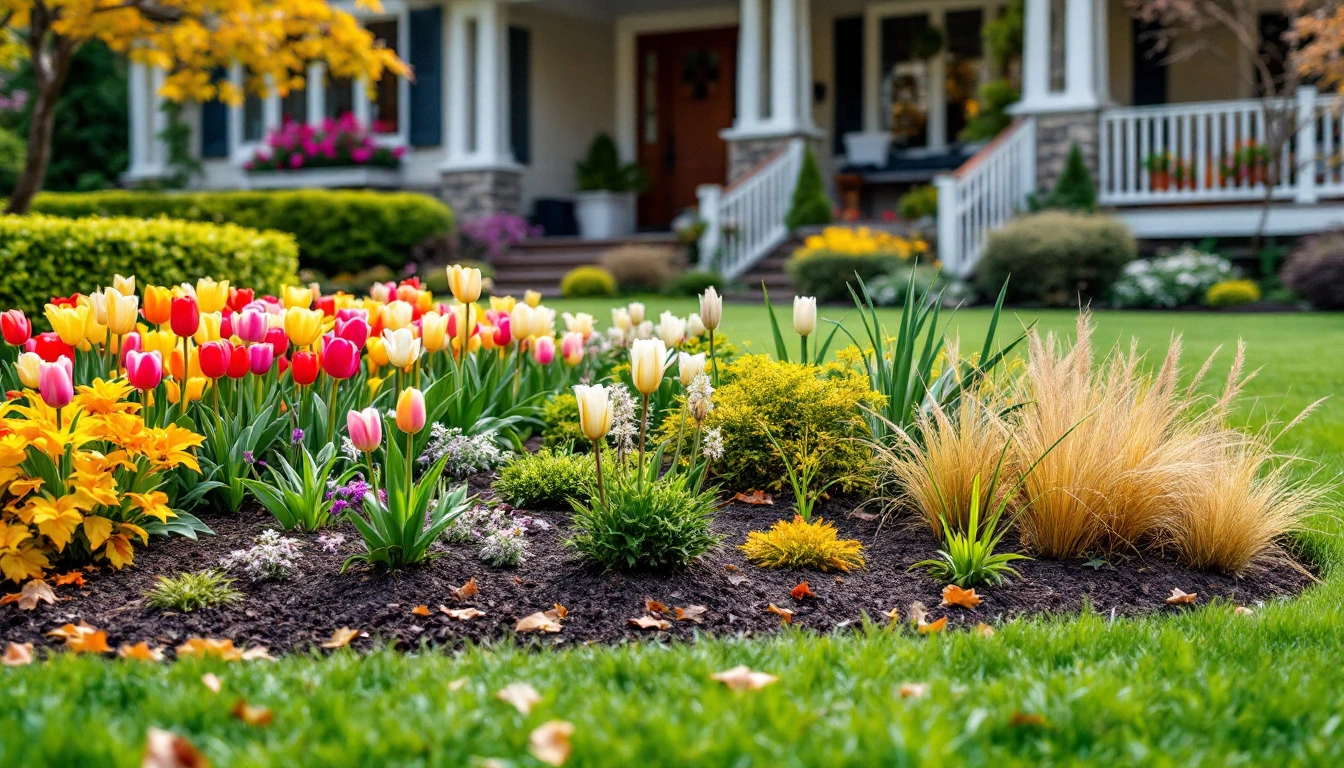 Well-maintained residential yard displaying landscaping elements representing all four seasons